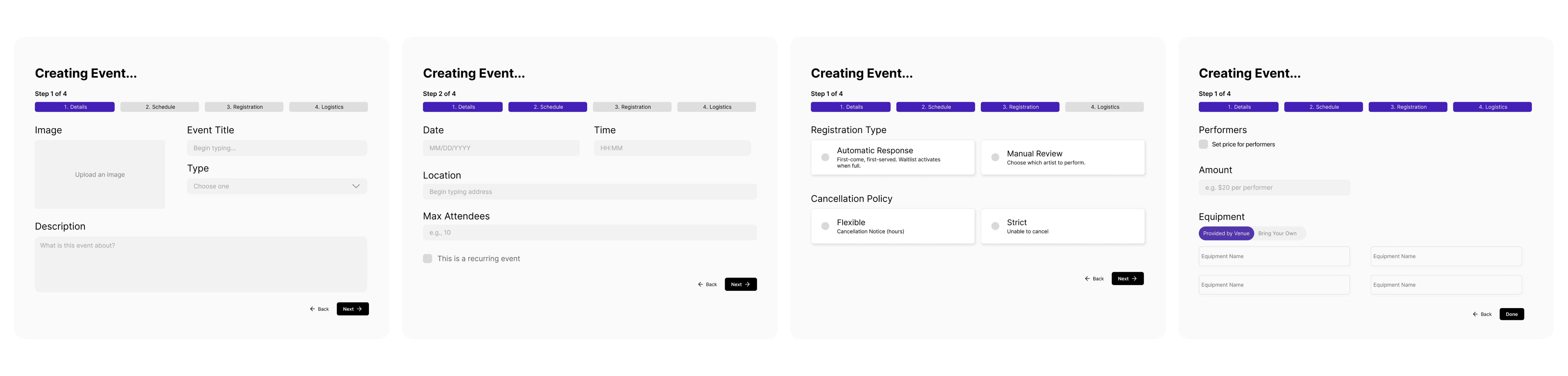 four step create event pop-up: details, schedule, registration, logistics